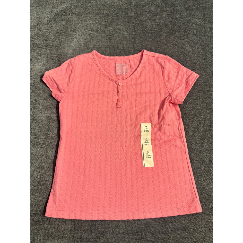 Cat & Jack Girls Pink Henley Short Sleeve Textured Pointelle Top Size M 8